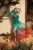 Rochie lunga din voal verde-rosu in degradee cu print si floare pe bust