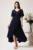 Rochie lunga eleganta din crep bleumarin cu volan pe fusta