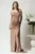 Rochie lunga eleganta din lycra maro cu strasuri la decolteu si maneci detasabile