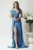 Rochie lunga eleganta din satin albastra cu froseu pe talie si volan pe fusta