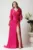 Rochie lunga eleganta din voal fucsia cu reflexii si floare maxi in talie