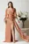 Rochie lunga eleganta din voal rose cu reflexii aurii si floare maxi in talie