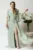 Rochie lunga eleganta din voal verde mint cu reflexii si floare maxi in talie