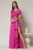 Rochie lunga fucsia din satin cu slit pe picior si aplicatie pe talie