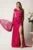 Rochie lunga fucsia din voal creponat cu flori maxi in talie si pe umar
