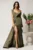 Rochie lunga kaki din lycra mulata cu tull transparent si strasuri in talie