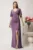 Rochie lunga lila din lurex cu floare in talie si croi mulat