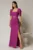 Rochie lunga magenta de seara cu decolteu patrat si maneci scurte