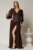 Rochie lunga maro de seara din tull cu corset cu strassuri aplicate