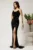 Rochie lunga neagra mulata din strasuri cu maneci detasabile