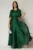 Rochie lunga verde de seara din voal cu accesoriu in talie