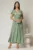 Rochie lunga verde fistic de ocazie cu broderie la bust si detaliu in talie