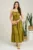 Rochie lunga verde lime din tencel creponat in clos cu ciucuri la bust