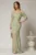 Rochie lunga verde mint de seara tip sirena din dantela si decolteu accesorizat