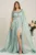 Rochie lunga verde mint din voal cu maneci ample si strasuri la decolteu