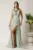 Rochie lunga verde mint din voal cu reflexii si strasuri la decolteu