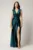 Rochie lunga verde petrol din satin cu fronseuri pe talie