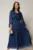 Rochie midi Scarlet bleumarin din voal peliculizat cu maneci ample si deolteu V