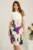 Rochie midi alba cu flori mov din stofa cu croi drept