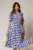 Rochie midi albastra cu imprimeuri florale cu decolteu in V si cordon cu catarama in talie