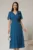 Rochie midi albastru petrol din voal cu fir lurex si floare la umar
