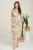 Rochie midi bej cu imprimeu verde mint din tencel cu elastic si curea in talie
