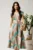 Rochie midi bej in clos din tencel cu imprimeu turcoaz si curea in talie