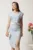 Rochie midi bleu conica cu imprimeuri bej si curea in talie