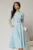 Rochie midi bleu cu maneci din dantela si cordon detasabil