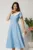 Rochie midi bleu din stofa in clos cu guler alb si perle margelute la maneci