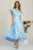 Rochie midi bleu din tafta subtire in clos cu volanase la bust- LaDonna