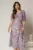 Rochie midi bleu din voal cu imprimeuri fucsia si nasturi pe bust