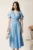 Rochie midi bleu din voal in clos cu decupaje la umeri si cordon in talie- LaDonna