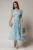 Rochie midi bleu din voal plisat cu decolteu V si volanase la maneci