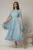 Rochie midi bleu din voal satinat in clos cu maneci ample si curea din strasuri in talie