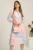 Rochie midi bleu in clos din stofa cu flori roz si curea in talie