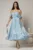 Rochie midi bleu in clos din voal satinat cu aplicatii cazute pe umeri