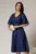 Rochie midi bleumarin de ocazie din voal cu sidef si decolteu in V