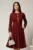 Rochie midi bordo din crep cu nasturi si benzi pe bust