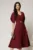Rochie midi bordo eleganta cu fusta clos, decolteu adanc in V si maneci bufante