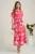 Rochie midi fucsia cu flori albe din viscoza in clini cu nasturi si cordon in talie