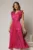 Rochie midi fucsia din voal plisat cu decolteu V si volanase la maneci