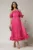 Rochie midi fucsia in clos din voal satinat cu volanase la bust si la baza