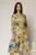 Rochie midi galben mustar cu imprimeu floral bleu