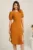 Rochie midi galben mustar din crep in clini cu floare la bust- Moze