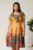 Rochie midi galbena si turcoaz in degradee din voal in clos cu imprimeu floral roz