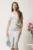 Rochie midi ivory conica cu imprimeu bleu si curea in talie