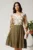 Rochie midi kaki cu fusta in clos din voal si dantela florala la bust