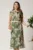 Rochie midi kaki cu imprimeu roz din tencel cu elastic si curea in talie