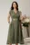 Rochie midi kaki din tencel in clos cu cu pliuri si curea in talie